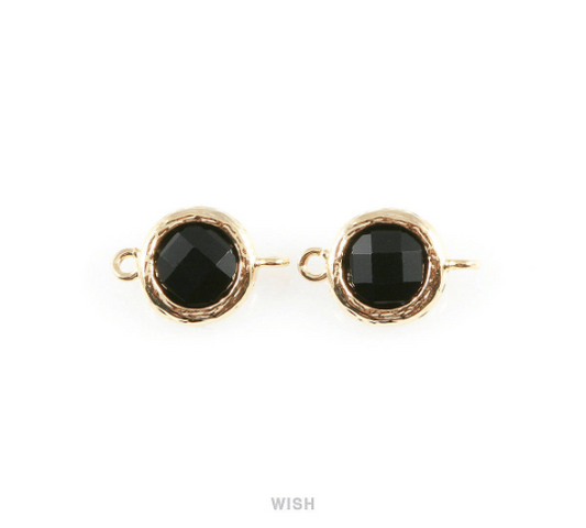 Jet Black faceted Glass Connector in Gold, Framed Round Glass Bead / GJTG-015-P