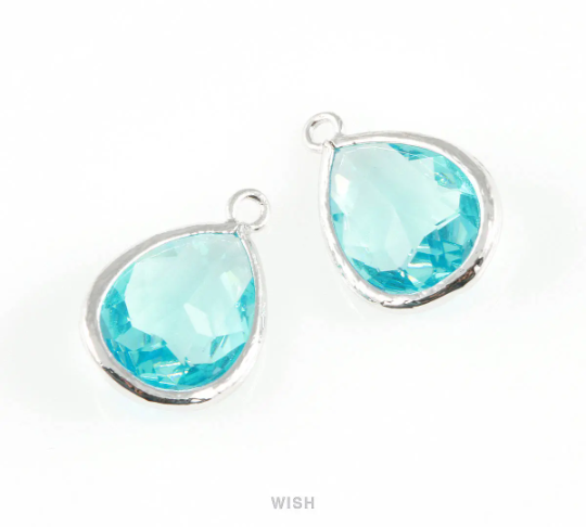 Aquamarine Teardrop Glass Charm in Gold, Framed Drop Glass Gem / GAQG-005-P