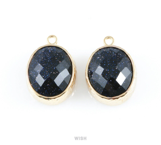 Lapis-Lazuli Faceted Glass Charms in Rhodium, Framed Oval Pendant / GLLRH-009-P