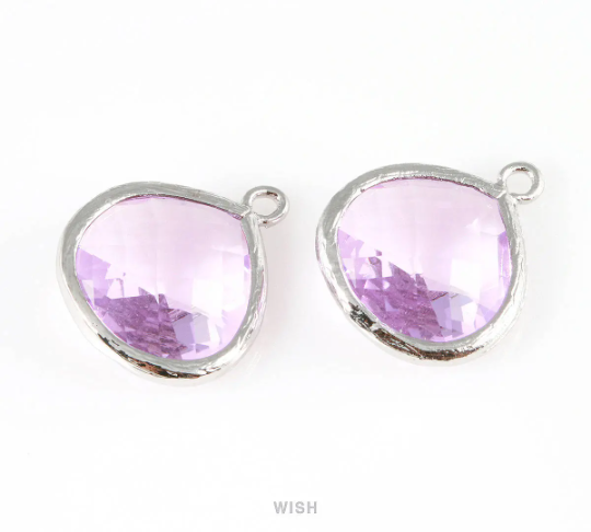Light Amethyst Faceted Glass Charm in Gold, Framed Drop Glass Bead / GLDG-001-P (Large)