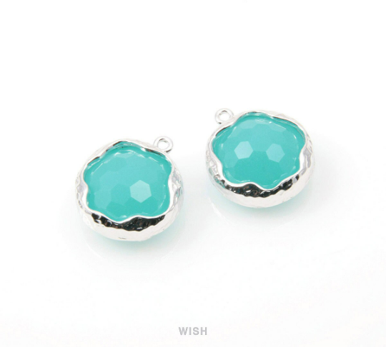 Mint Faceted Glass Charms in Gold, Framed Round Pendant /GMTG-090-P (Small)
