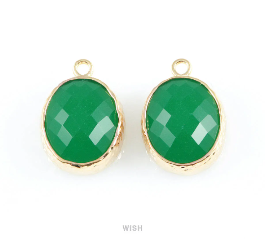 Palace Green Faceted Glass Charms in Rhodium, Framed Oval Pendant / GPGRH-009-P