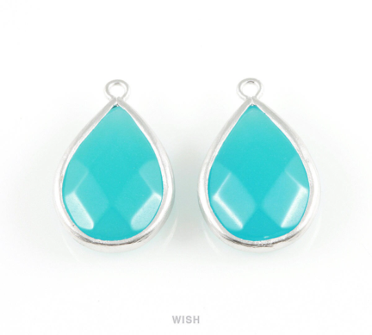 Ocean Blue Faceted Synthetic Stone Charms in Matte Gold, Framed Teardrop Pendant / SOBMG-010-P