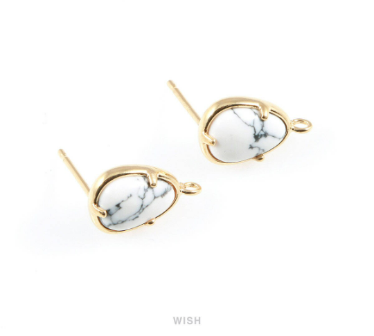 Howlite Teardrop Stone Earrings in Rhodium, Gemstone Framed Ear Post / SHTRH-068-E
