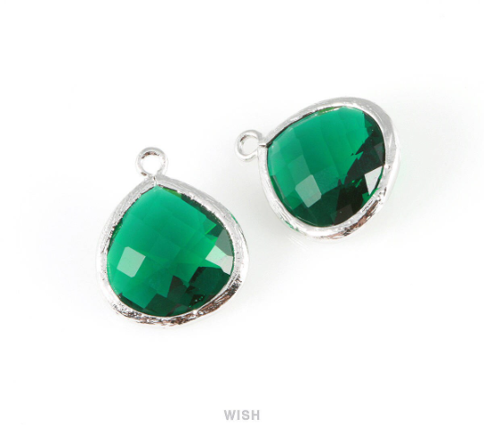Emerald Faceted Glass Charm in Gold, Framed Drop Glass Bead / GEMG-001-P (Large)