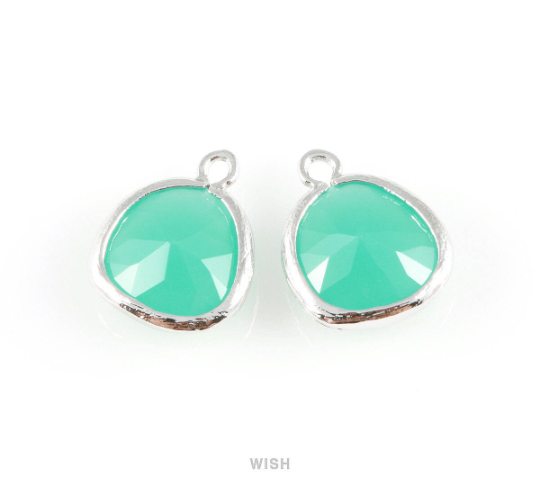 Mint Faceted Glass Charm in Gold, Framed Drop Glass Gem / GMTG-004-P (Medium)
