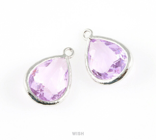 Light Amethyst Teardrop Glass Charm in Gold, Framed Drop Glass Gem /  GLDG-005-P