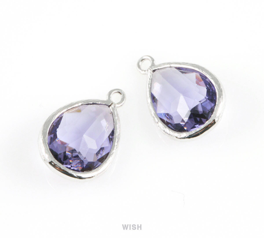 Amethyst Teardrop Glass Charm in Gold, Framed Drop Glass Gem / GTZG-005-P