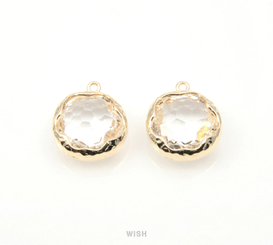 Clear Faceted Glass Charms in Rhodium, Framed Round Pendant / GCLRH-090-P (Small)