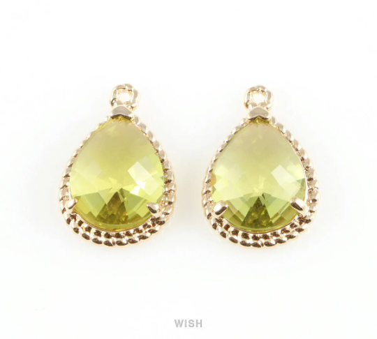 Apple Teardrop Glass Charm in Rhodium, Framed Drop Glass Gem / Birthstone / GAPRH-006-P