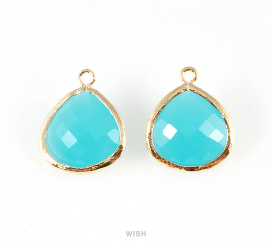 Ocean Blue Faceted Glass Charm in Rhodium, Framed Drop Glass Bead / GOBRH-001-P (Large)