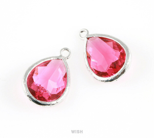 Ruby Teardrop Glass Charm in Gold, Framed Drop Glass Gem /GRBG-005-P