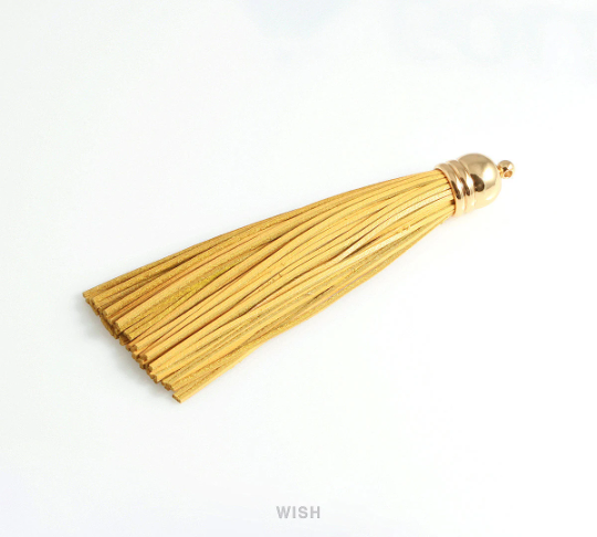 Yellow Leather Tassel with Bell Cap in Rhodium, Yellow Cowhide Tassel / LYWRH-006-T (1 piece)