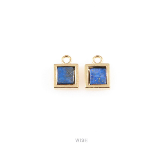 Lapis Lazuli Square Stone Charm in Rhodium, Gemstone Framed Pendant / SLLRH-049-P
