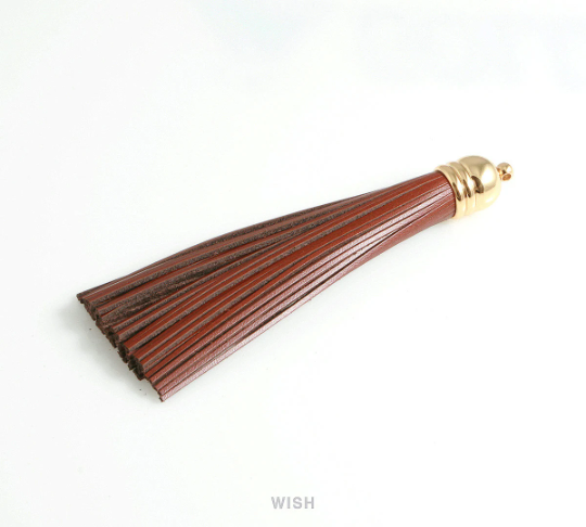 Chestnut Brown Leather Tassel with Bell Cap in Rhodium, Chocolate Cowhide Tassel / LCBRH-006-T (1 piece)