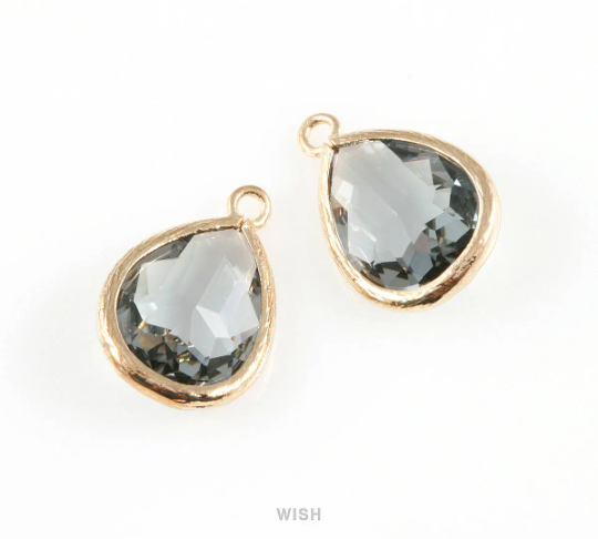 Charcoal Teardrop Glass Charm in Rhodium, Framed Drop Glass Gem / GCCRH-005-P