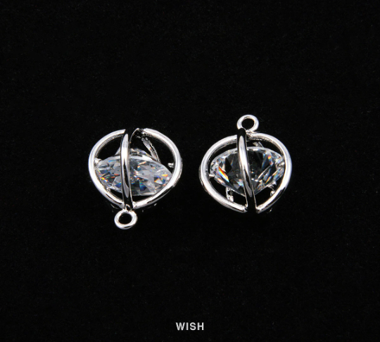 2 pcs Round Cubic Zirconia in Rhodium Globe Cage, Round Shape Cubic Zirconia / CRH-010-P (Large)