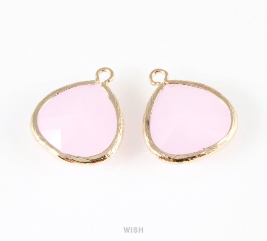 Rose Quartz Faceted Glass Charm in Rhodium, Framed Glass Bead / GRQRH-001-P (Large)