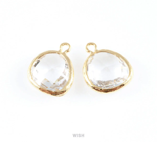 Clear Faceted Glass Charm in Rhodium, Framed Drop Glass Gem / GCLRH-004-P (Medium)