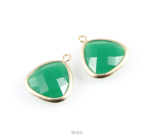 Palace Green Faceted Stone Charms in Matte Rhodium, Framed Triangle Pendants / SPGMRH-029-C