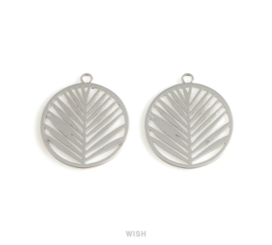 Palm Tree Leaf in Disc in Matte Rhodium, Palm Tree Leaf in Coin Charm / MMRH-647-P