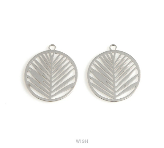 Palm Tree Leaf in Disc in Matte Rhodium, Palm Tree Leaf in Coin Charm / MMRH-647-P