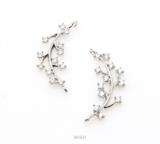 Cubic Leaves and Branch Pendant in Rhodium, CZ Leaves Charm / CRH-060-P