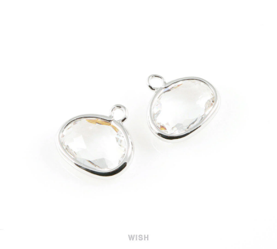 Clear Oval Glass Charm in Gold, Glass Framed Pendant / GCLG-039-P