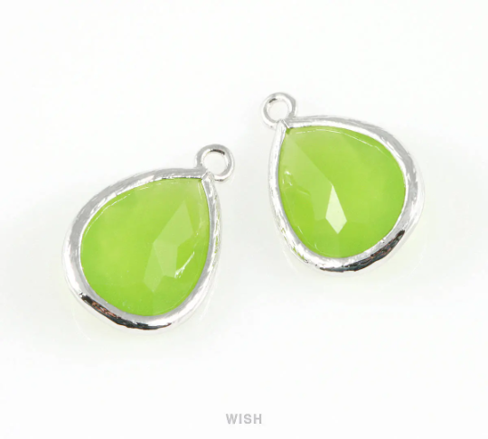 Peridot Teardrop Glass Charm in Gold, Framed Drop Glass Gem / GPDG-005-P