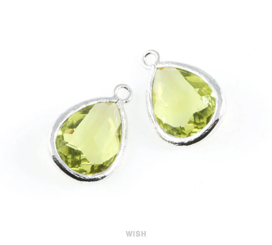Apple Green Teardrop Glass Charm in Gold, Framed Drop Glass Gem / GAPG-005-P