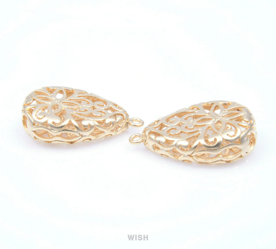 Flower in Teardrop Pendants in Matte Gold, Floral Teardrop Charms / MMG-126-P