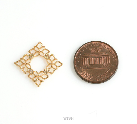 Floral Open Square Charm in Matte Rhodium, Flower Square Pendant / MMRH-688-P