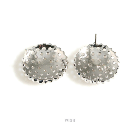 Dot Circle Stud Earrings in Rhodium, Round Stud Earrings / MRH-700-E