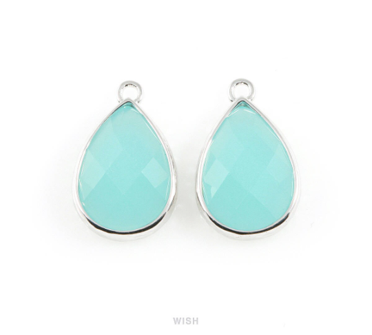 Ocean Blue Teardrop Glass Charm in Gold, Framed Drop Glass Gem / GOBG-037-P