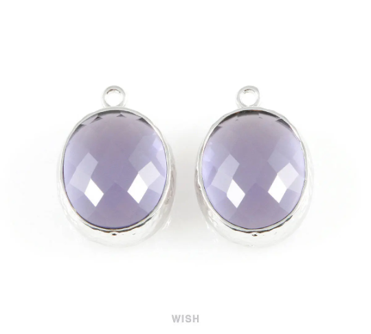 Amethyst Faceted Glass Charms in Gold, Framed Oval Pendant / GTZG-009-P