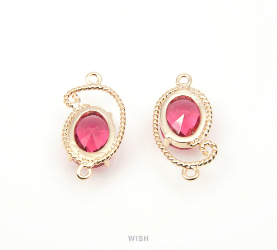 Ruby Oval Glass Charm in Gold, Framed Drop Glass Gem / GRBG-096-P