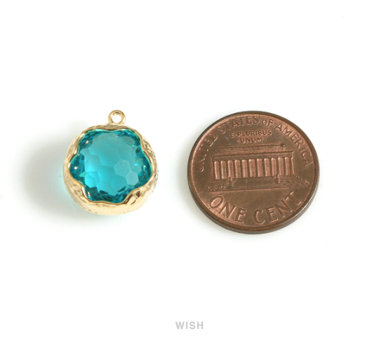 Blue Zircon Faceted Glass Charms in Gold, Framed Round Pendant / GBZG-090-P (Small)