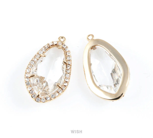 Briolette Clear Glass with Rhinestone in Rhodium, Framed Gem Pendant / GCLRH-043-P