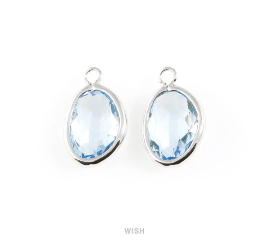 Light Sapphire Pear Glass Charm in Gold, Glass Framed Pendant / GLSG-040-P