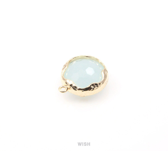 Alice Blue Faceted Glass Charms in Gold, Framed Round Pendant / GABG-090-P (Small)