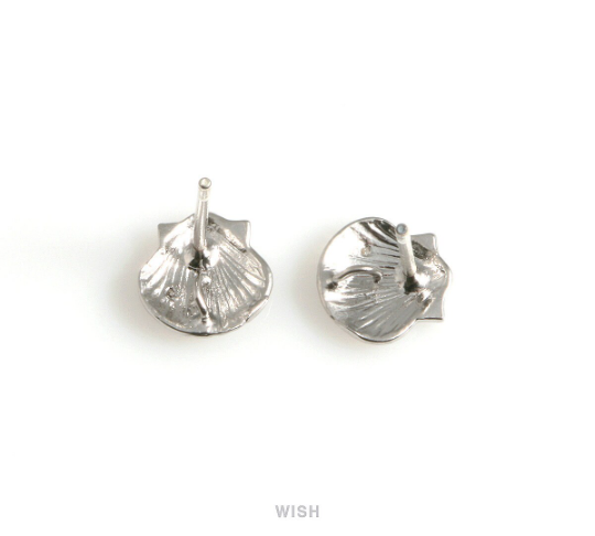 Seashell Stud Earrings in Matt Rhodium, CZ Scallop Seashell Studs / MMRH-569-E