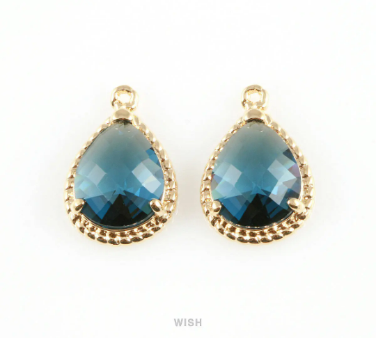 Montana Blue Teardrop Glass Charm in Rhodium, Framed Drop Glass Gem/ GMBRH-006-P