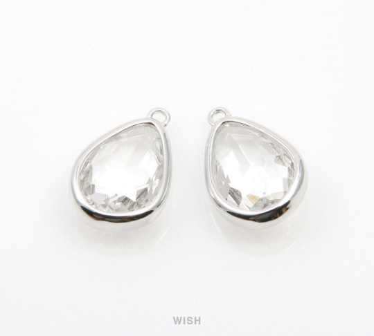 Clear Drop Charm in Gold, Crystal Drop Framed Pendant / SCLG-112-P
