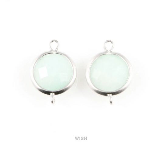 Mint Faceted Stone Charms in Matte Rhodium, Framed Round Connectors / SMTMRH-028-C