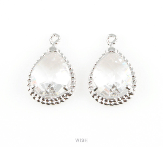Clear Teardrop Glass Charm in Gold, Framed Drop Glass Gem / GCLG-006-P