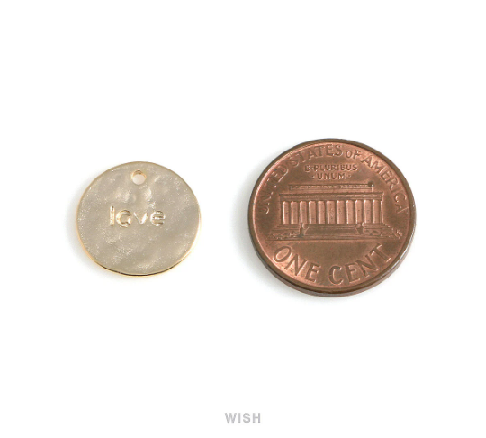 Love Engraving on Hammered Disc Pendants in Matte Gold, Love Hammered Coin Charm / MMG-533-P