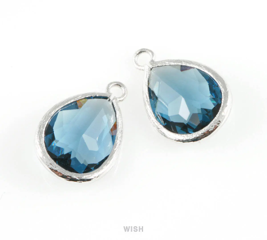 Montana Blue Teardrop Glass Charm in Gold, Framed Drop Glass Gem / GMBG-005-P