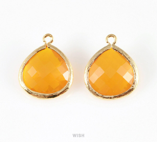 Citrine Faceted Glass Charm in Rhodium, Framed Drop Glass Bead /GCNRH-001-P (Large)