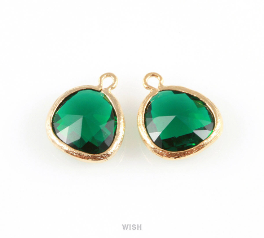 Emerald Faceted Glass Charm in Rhodium, Framed Drop Glass Gem / GEMRH-004-P (Medium)
