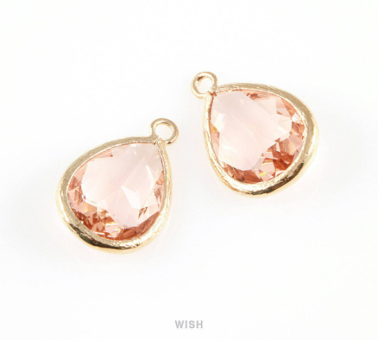 Peach Teardrop Glass Charm in Rose Gold, Framed Drop Glass Gem /  GPCRG-005-P